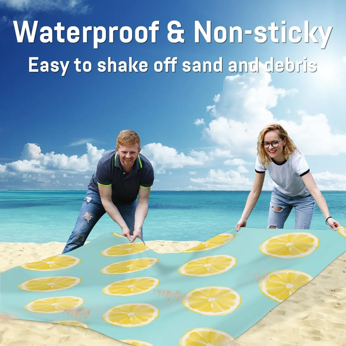 Beach Blanket, Lemon Print Sandproof Beach Mat, Waterproof Quick Drying Sand Free Mat with 4 x Ground Spikes for Outdoor Travel Camping Hiking, Summer Lemon 68 x 59 in