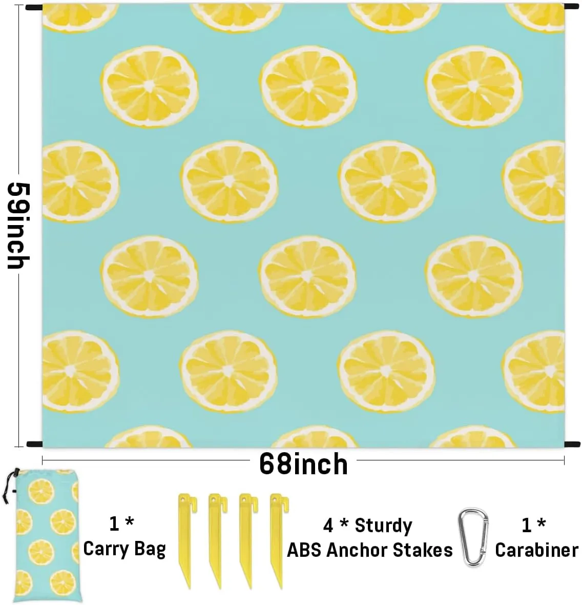 Beach Blanket, Lemon Print Sandproof Beach Mat, Waterproof Quick Drying Sand Free Mat with 4 x Ground Spikes for Outdoor Travel Camping Hiking, Summer Lemon 68 x 59 in