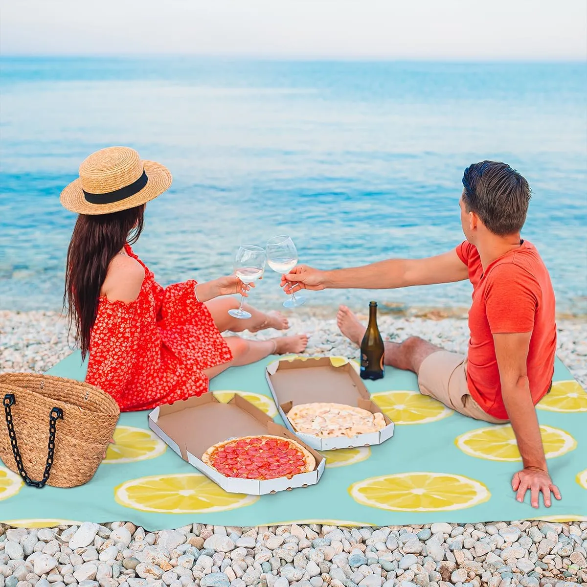 Beach Blanket, Lemon Print Sandproof Beach Mat, Waterproof Quick Drying Sand Free Mat with 4 x Ground Spikes for Outdoor Travel Camping Hiking, Summer Lemon 68 x 59 in