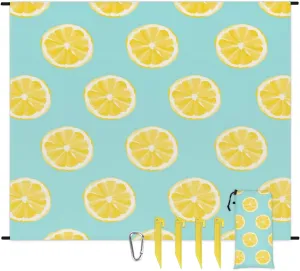 Beach Blanket, Lemon Print Sandproof Beach Mat, Waterproof Quick Drying Sand Free Mat with 4 x Ground Spikes for Outdoor Travel Camping Hiking, Summer Lemon 68 x 59 in