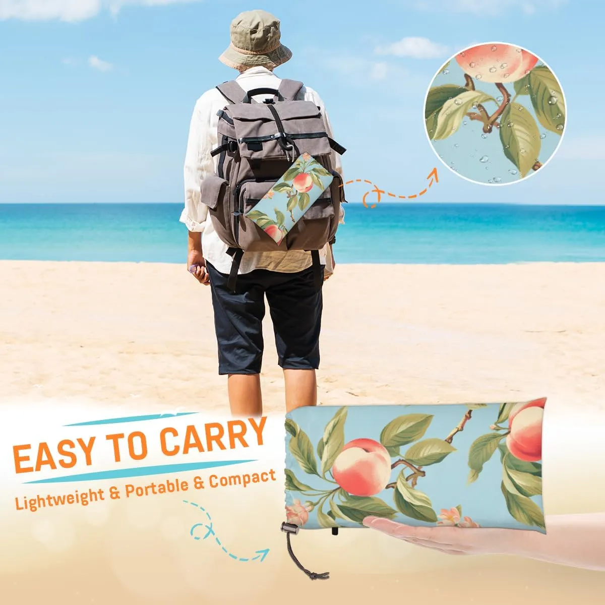 Beach Blanket, Peach Sandproof Beach Mat, Waterproof Quick Drying Sand Free Mat with 4 x Ground Spikes for Outdoor Travel Camping Hiking, Sweet Peach 68 x 59 in