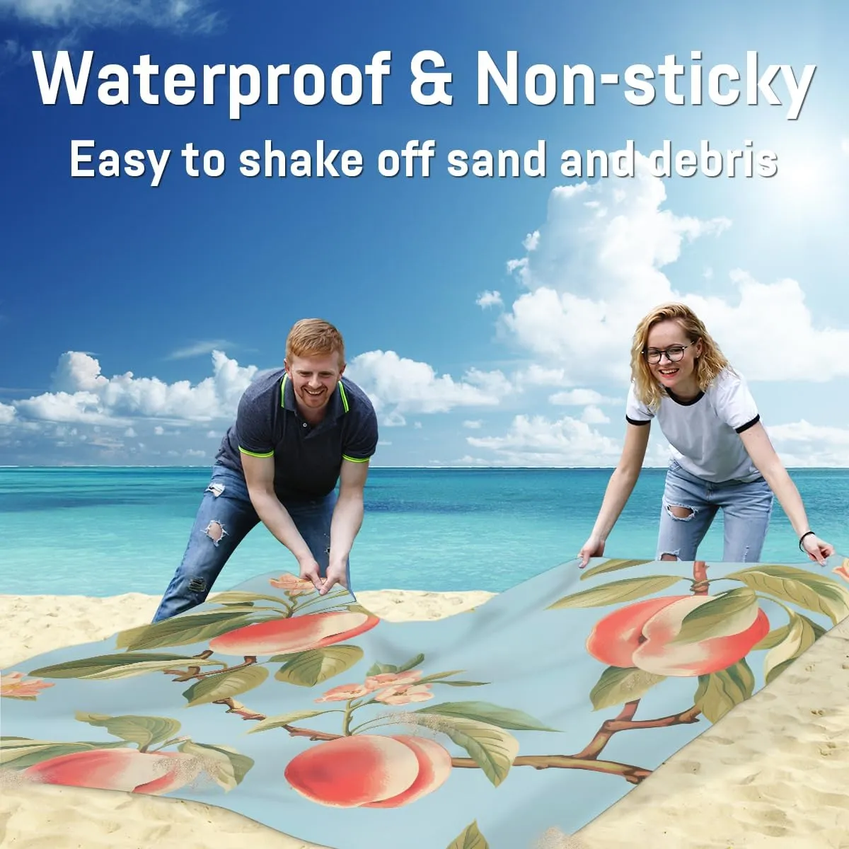 Beach Blanket, Peach Sandproof Beach Mat, Waterproof Quick Drying Sand Free Mat with 4 x Ground Spikes for Outdoor Travel Camping Hiking, Sweet Peach 68 x 59 in