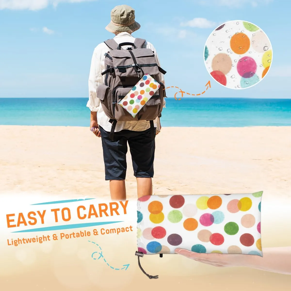 Beach Blanket, Polka Dot Sandproof Beach Mat, Waterproof Quick Drying Sand Free Mat with 4 x Ground Spikes for Outdoor Travel Camping Hiking, Colorful Polka Dots 68 x 59 in
