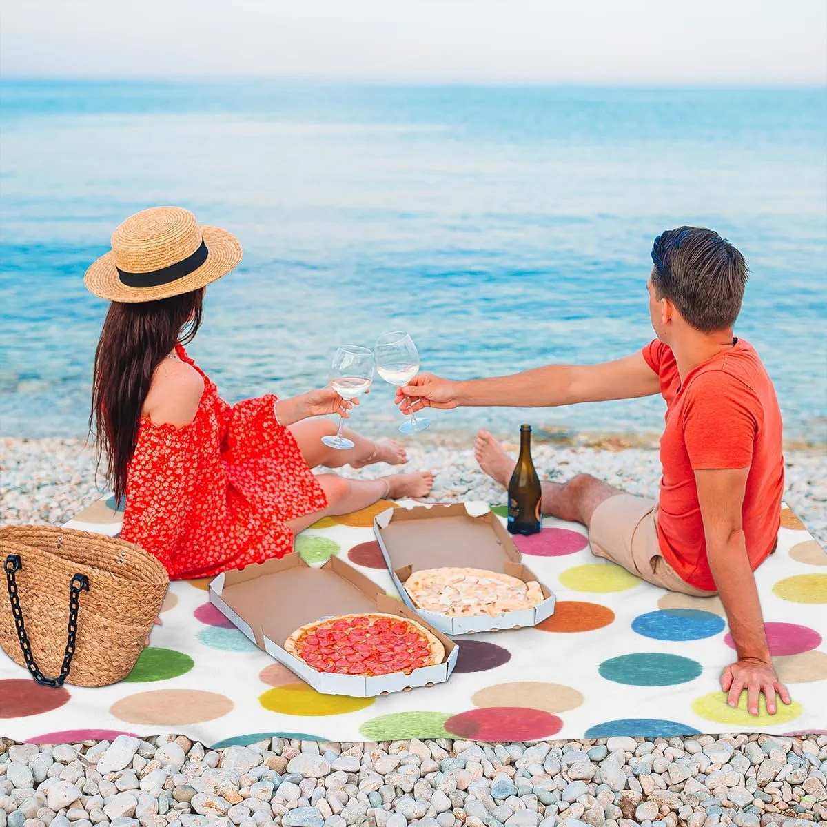 Beach Blanket, Polka Dot Sandproof Beach Mat, Waterproof Quick Drying Sand Free Mat with 4 x Ground Spikes for Outdoor Travel Camping Hiking, Colorful Polka Dots 68 x 59 in