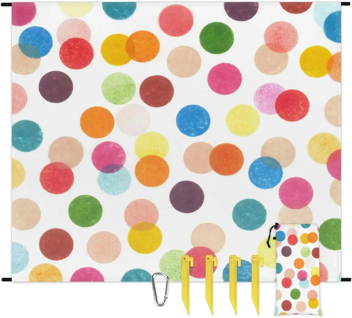 Beach Blanket, Polka Dot Sandproof Beach Mat, Waterproof Quick Drying Sand Free Mat with 4 x Ground Spikes for Outdoor Travel Camping Hiking, Colorful Polka Dots 68 x 59 in