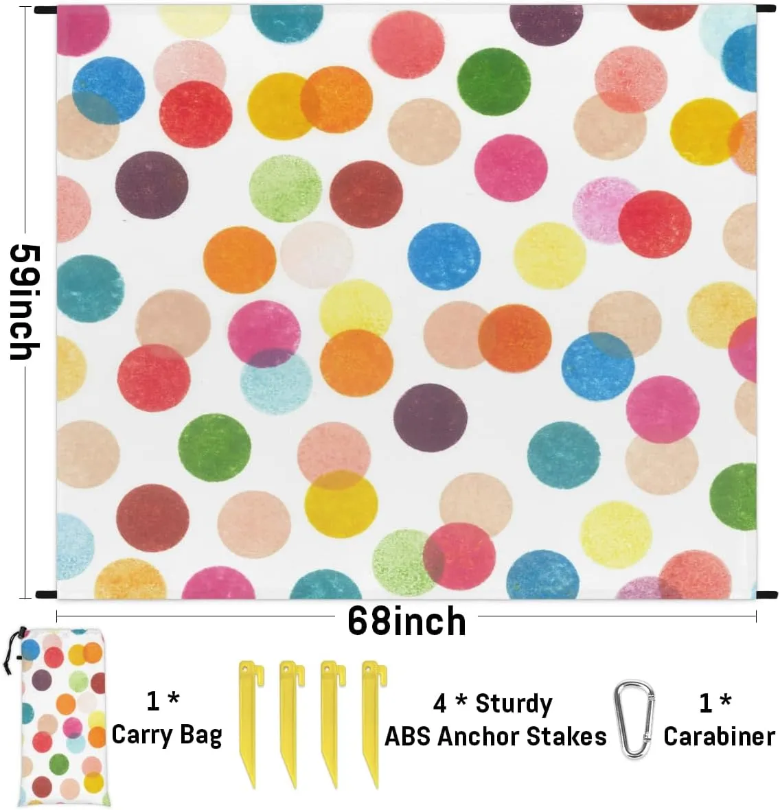 Beach Blanket, Polka Dot Sandproof Beach Mat, Waterproof Quick Drying Sand Free Mat with 4 x Ground Spikes for Outdoor Travel Camping Hiking, Colorful Polka Dots 68 x 59 in