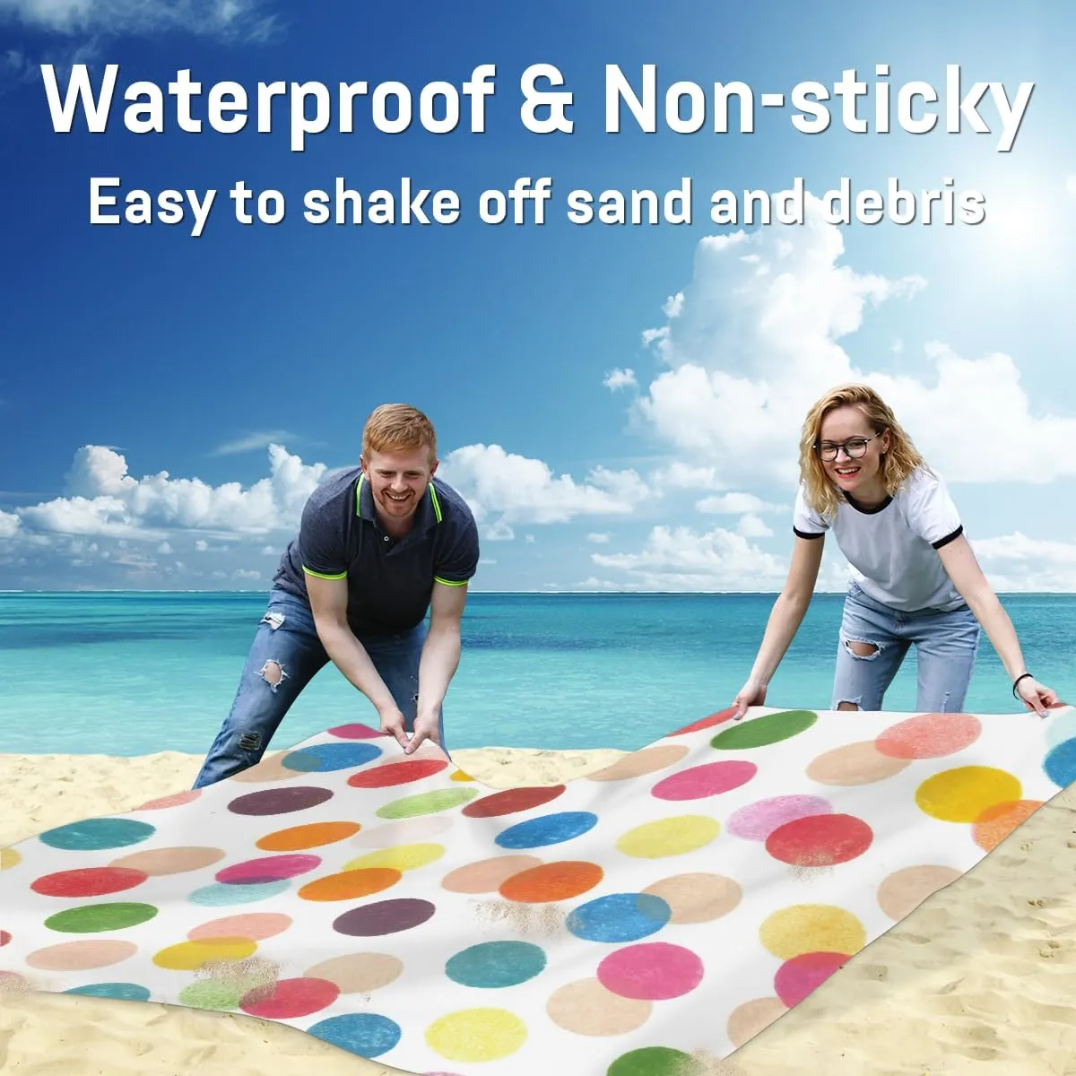 Beach Blanket, Polka Dot Sandproof Beach Mat, Waterproof Quick Drying Sand Free Mat with 4 x Ground Spikes for Outdoor Travel Camping Hiking, Colorful Polka Dots 68 x 59 in