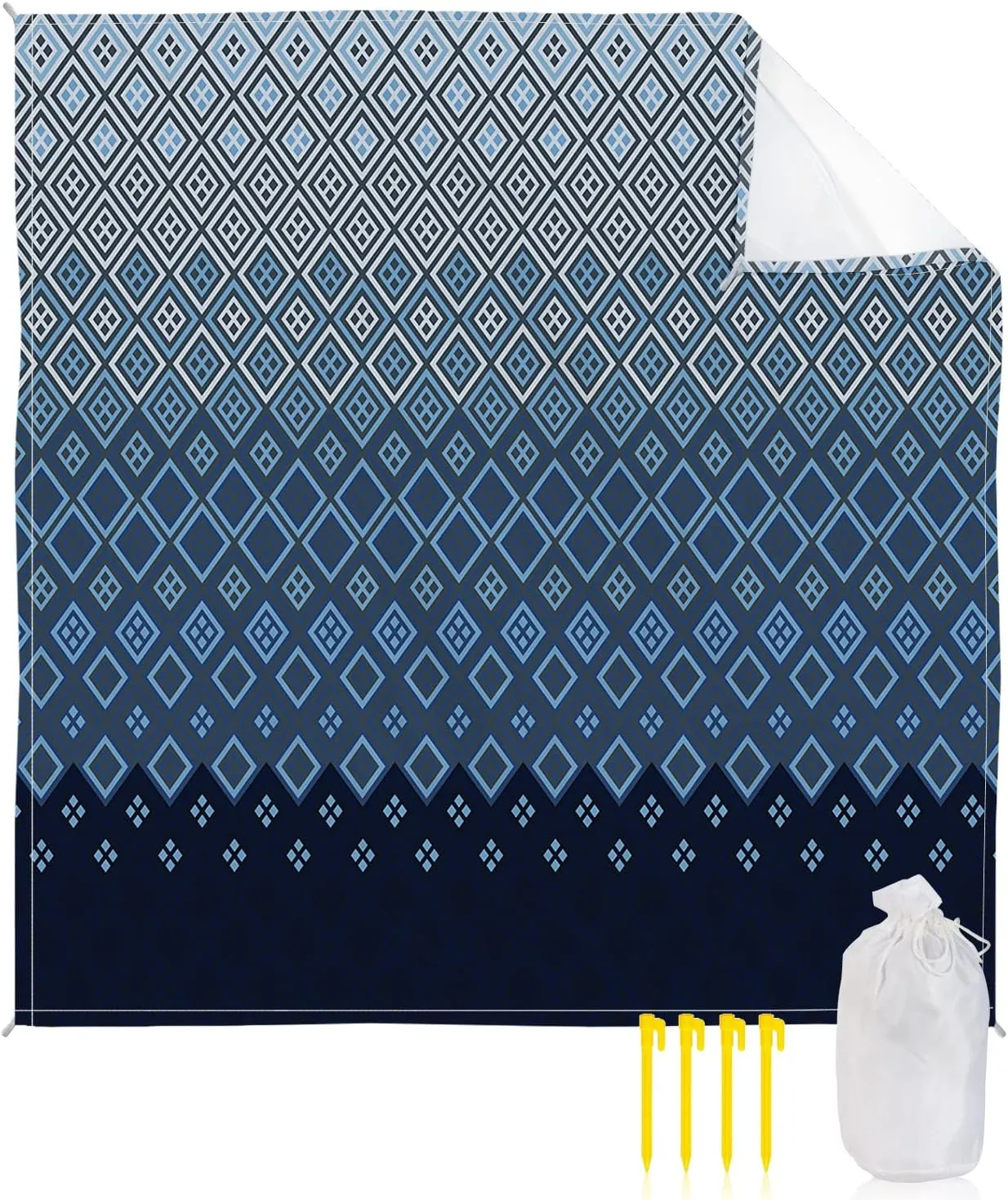 Beach Blanket Sandproof, Abstract Gradient Blue Diamond Texture Waterproof Beach Mat Lightweight Quick Drying Picnic Blanket Beach Essentials for Travel Camping Hiking 118x108in