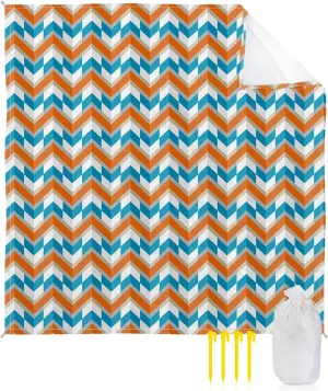 Beach Blanket Sandproof, Abstract Orange Blue Herringbone Pattern Waterproof Beach Mat Lightweight Quick Drying Picnic Blanket Beach Essentials for Travel Camping Hiking 83x79in