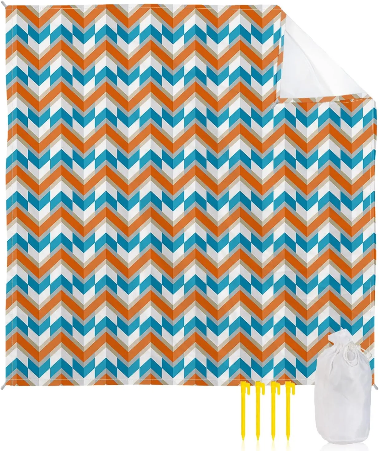 Beach Blanket Sandproof, Abstract Orange Blue Herringbone Pattern Waterproof Beach Mat Lightweight Quick Drying Picnic Blanket Beach Essentials for Travel Camping Hiking 83x79in