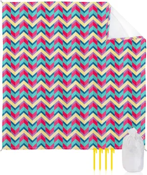 Beach Blanket Sandproof, Abstract Red Aqua Herringbone Pattern Waterproof Beach Mat Lightweight Quick Drying Picnic Blanket Beach Essentials for Travel Camping Hiking 83x79in