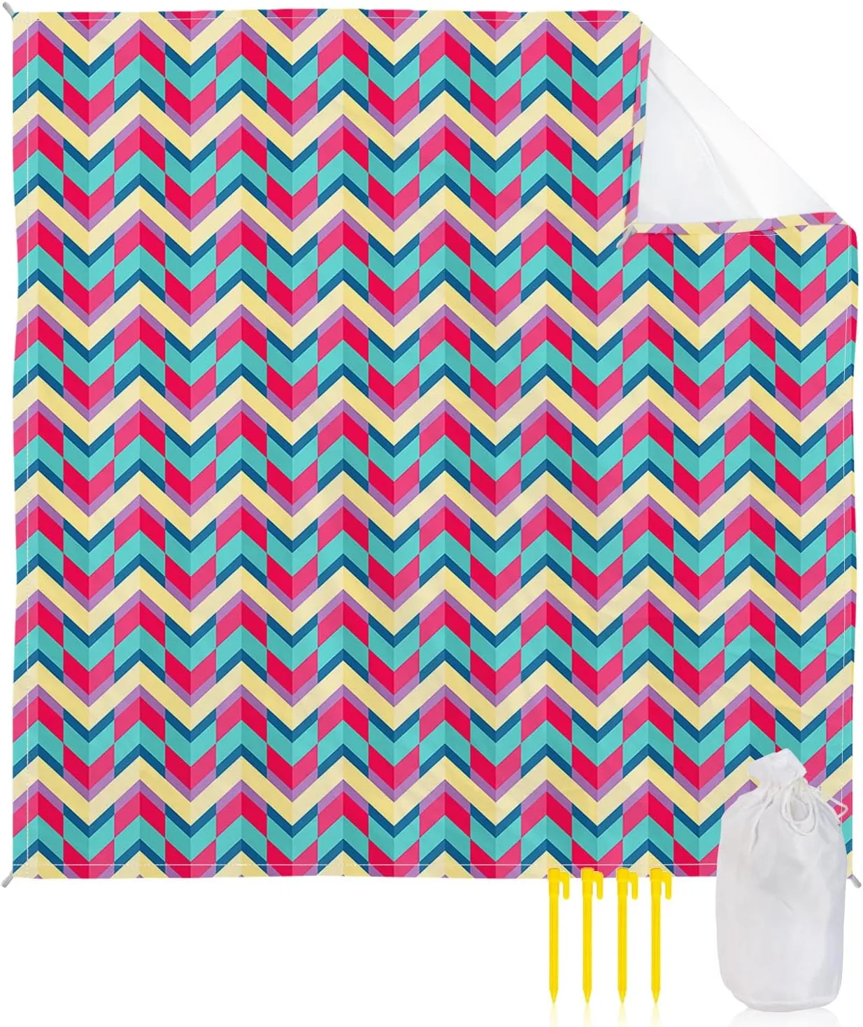 Beach Blanket Sandproof, Abstract Red Aqua Herringbone Pattern Waterproof Beach Mat Lightweight Quick Drying Picnic Blanket Beach Essentials for Travel Camping Hiking 83x79in