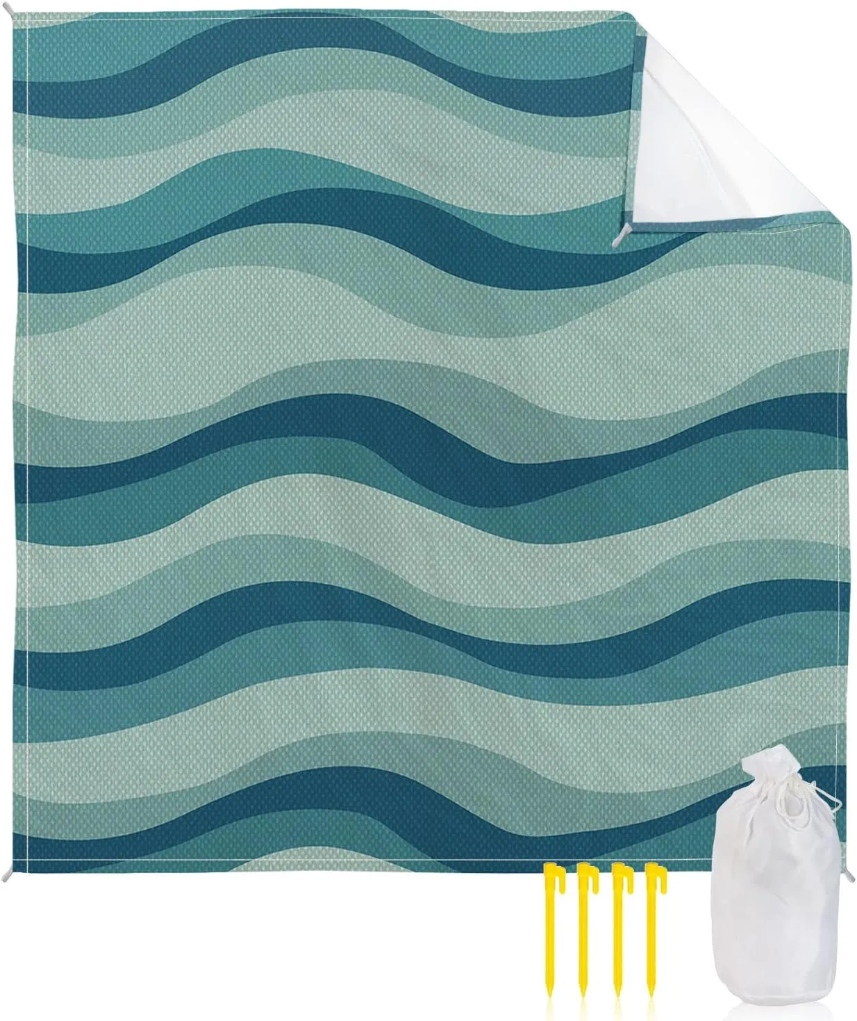 Beach Blanket Sandproof, Aqua Green Gradient Waves Texture Waterproof Beach Mat Lightweight Quick Drying Picnic Blanket Beach Essentials for Travel Camping Hiking 83x79in