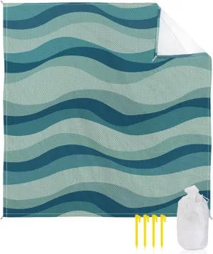 Beach Blanket Sandproof, Aqua Green Gradient Waves Texture Waterproof Beach Mat Lightweight Quick Drying Picnic Blanket Beach Essentials for Travel Camping Hiking 83x79in