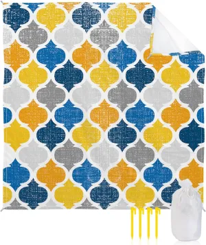 Beach Blanket Sandproof, Blue Yellow Geometric Morocco Pattern Waterproof Beach Mat Lightweight Quick Drying Picnic Blanket Beach Essentials for Travel Camping Hiking 108x84in