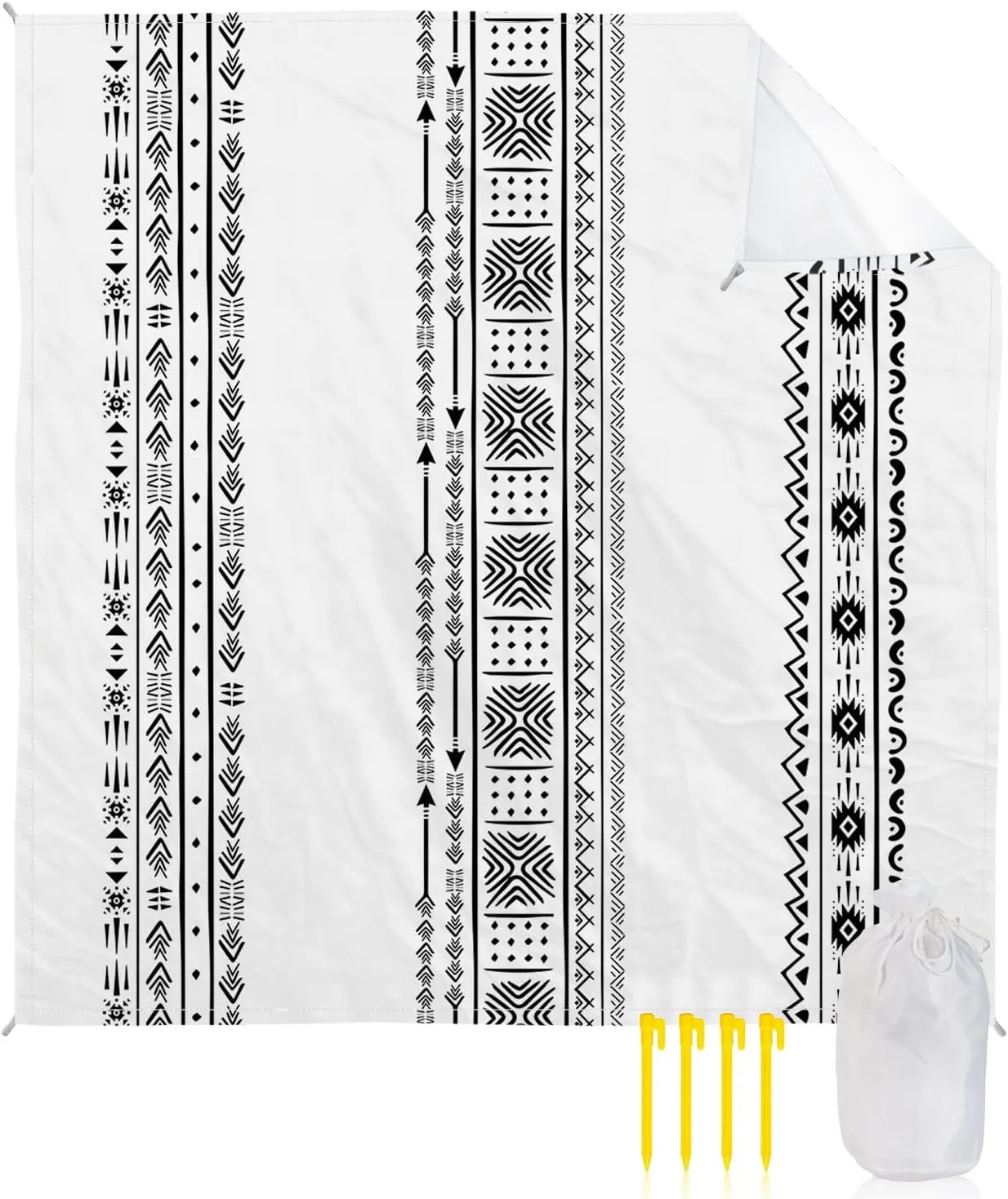 Beach Blanket Sandproof, Bohemian Abstract Black White Lines Boho Waterproof Beach Mat Lightweight Quick Drying Picnic Blanket Beach Essentials for Travel Camping Hiking 118x108in