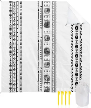 Beach Blanket Sandproof, Bohemian Abstract Black White Lines Boho Waterproof Beach Mat Lightweight Quick Drying Picnic Blanket Beach Essentials for Travel Camping Hiking 118x108in