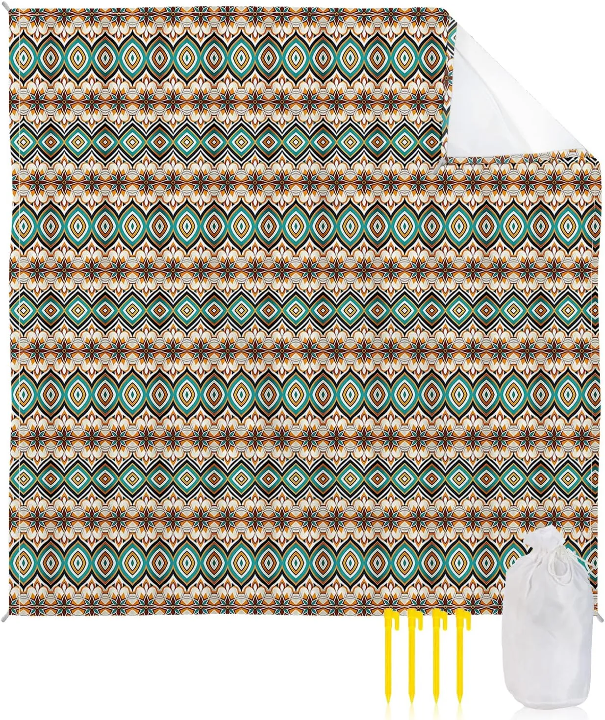 Beach Blanket Sandproof, Boho Abstract Geometric Flowers Pattern Waterproof Beach Mat Lightweight Quick Drying Picnic Blanket Beach Essentials for Travel Camping Hiking 108x84in