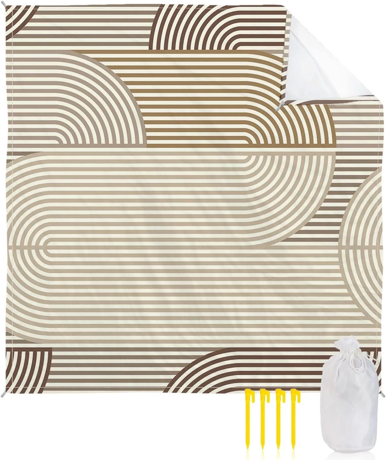 Beach Blanket Sandproof, Brown Abstract Geometric Lines Abstract Art Waterproof Beach Mat Lightweight Quick Drying Picnic Blanket Beach Essentials for Travel Camping Hiking 83x79in
