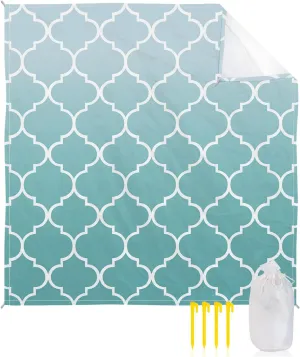 Beach Blanket Sandproof, Cyan Turquoise Gradient Retro Morocco Pattern Waterproof Beach Mat Lightweight Quick Drying Picnic Blanket Beach Essentials for Travel Camping Hiking 83x79in