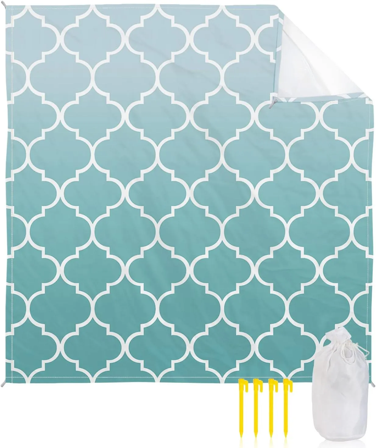 Beach Blanket Sandproof, Cyan Turquoise Gradient Retro Morocco Pattern Waterproof Beach Mat Lightweight Quick Drying Picnic Blanket Beach Essentials for Travel Camping Hiking 83x79in