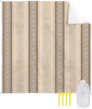 Beach Blanket Sandproof, Ethnic Style Abstract Brown Geometric Lines Flowers Waterproof Beach Mat Lightweight Quick Drying Picnic Blanket Beach Essentials for Travel Camping Hiking 108x84in