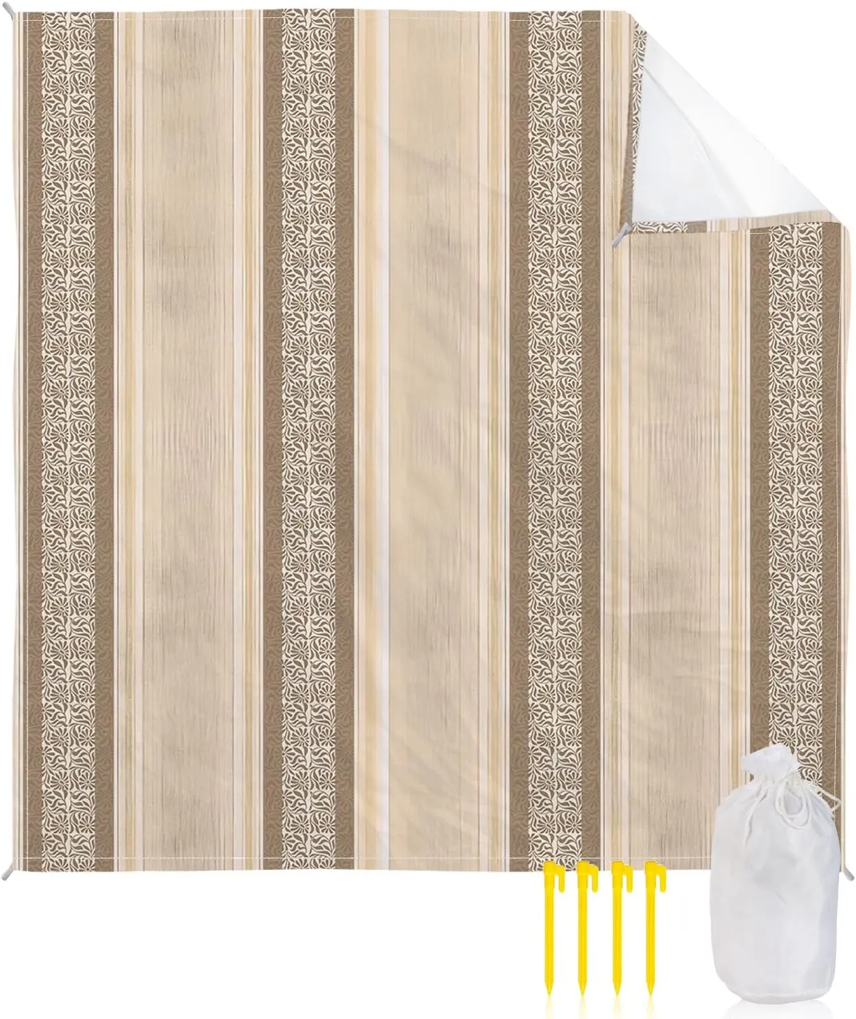 Beach Blanket Sandproof, Ethnic Style Abstract Brown Geometric Lines Flowers Waterproof Beach Mat Lightweight Quick Drying Picnic Blanket Beach Essentials for Travel Camping Hiking 95x80in