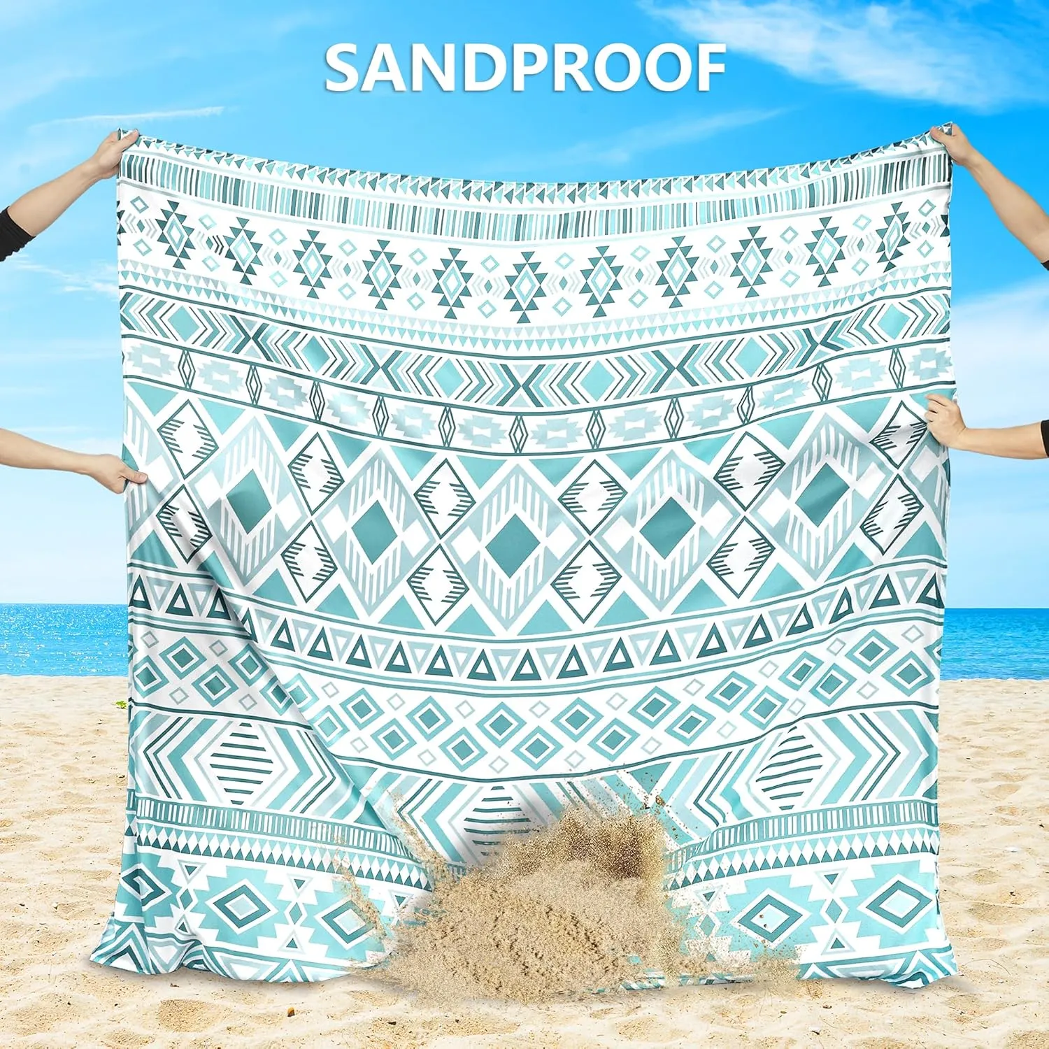 Beach Blanket Sandproof Extra Large Beach Mat Adults Waterproof Quick Drying Sand Free Mat Made by Premium Polyester with 4 Stakes & 4 Corner Pockets for Outdoor Travel Camping Hiking