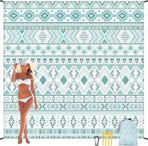 Beach Blanket Sandproof Extra Large Beach Mat Adults Waterproof Quick Drying Sand Free Mat Made by Premium Polyester with 4 Stakes & 4 Corner Pockets for Outdoor Travel Camping Hiking