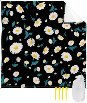 Beach Blanket Sandproof, Floral Daisy in Black Background Waterproof Beach Mat Lightweight Quick Drying Picnic Blanket Beach Essentials for Travel Camping Hiking 83x79in
