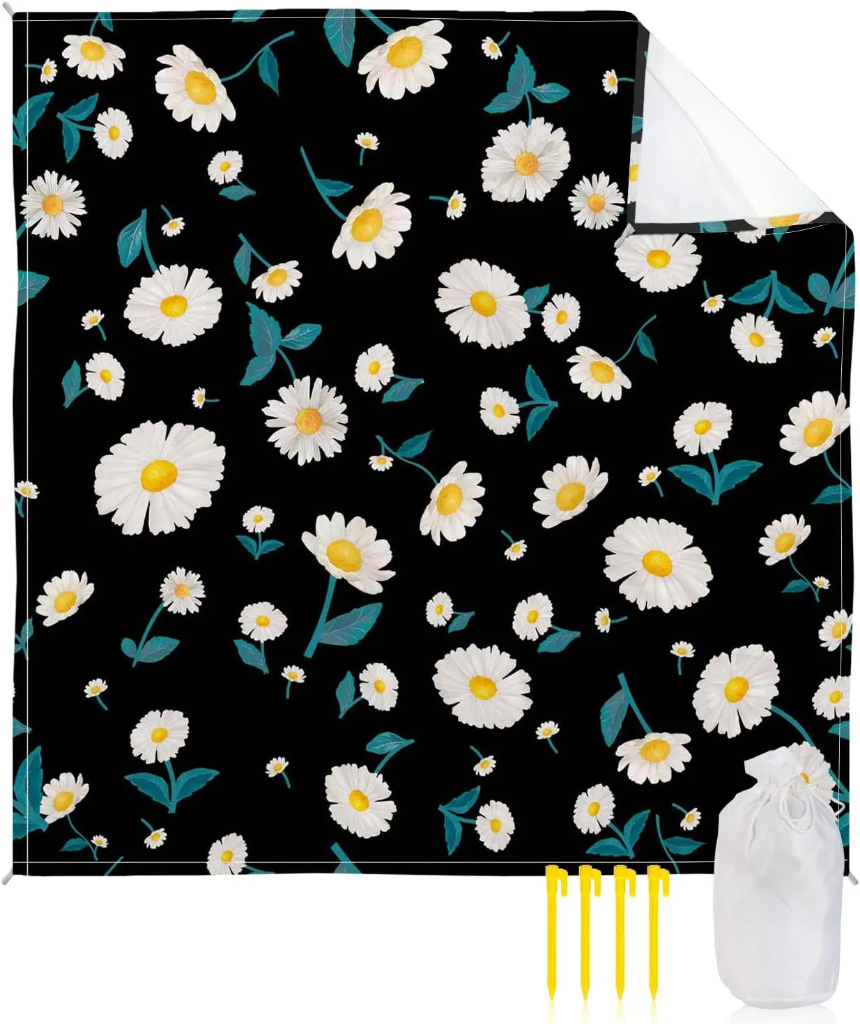 Beach Blanket Sandproof, Floral Daisy in Black Background Waterproof Beach Mat Lightweight Quick Drying Picnic Blanket Beach Essentials for Travel Camping Hiking 83x79in