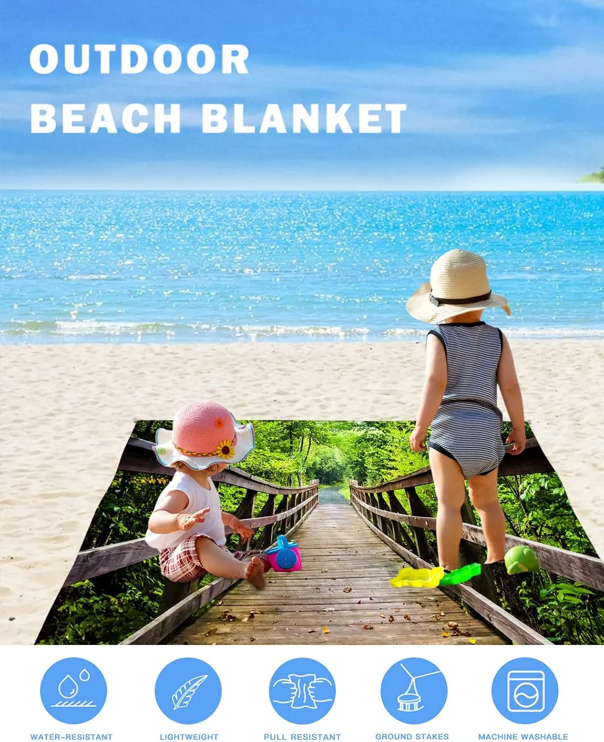 Beach Blanket Sandproof, Forest Retro Wooden Bridge Green Nature Path Scenery Waterproof Beach Mat Lightweight Quick Drying Picnic Blanket Beach Essentials for Travel Camping Hiking 83x79in