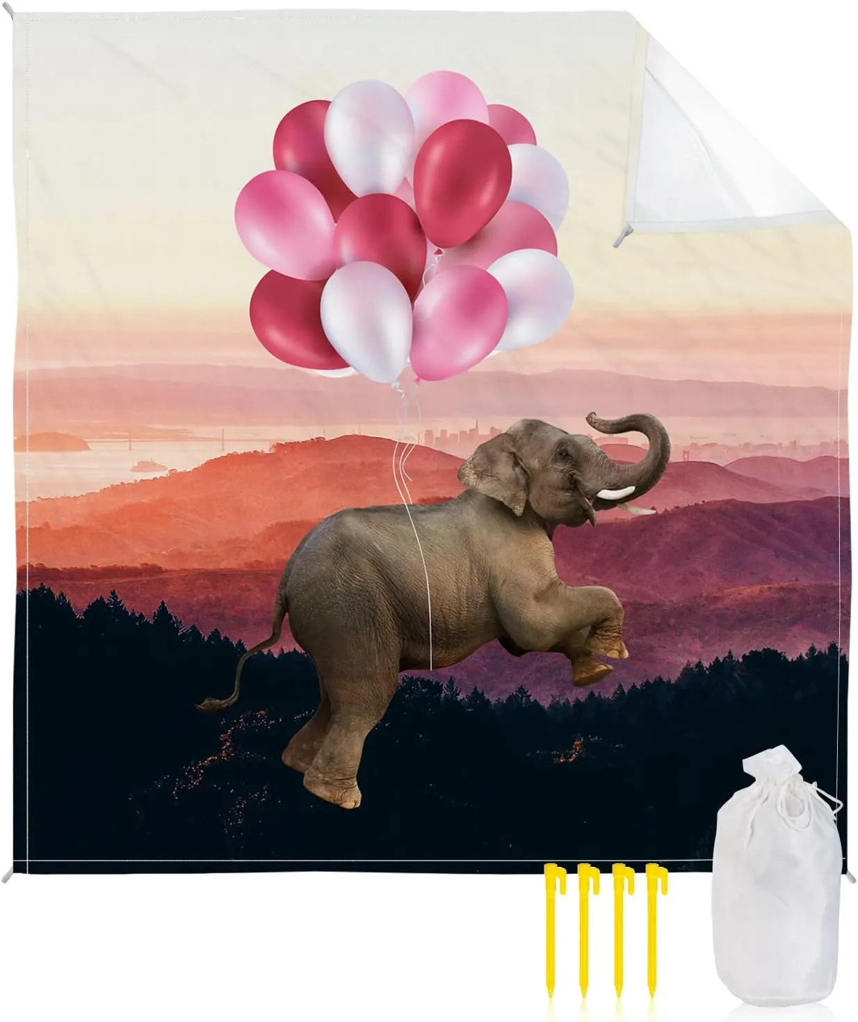 Beach Blanket Sandproof, Funny Elephant Flying in The Sky with Balloon Waterproof Beach Mat Lightweight Quick Drying Picnic Blanket Beach Essentials for Travel Camping Hiking 83x79in