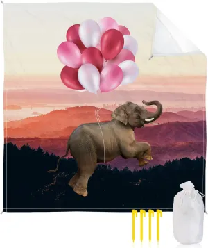 Beach Blanket Sandproof, Funny Elephant Flying in The Sky with Balloon Waterproof Beach Mat Lightweight Quick Drying Picnic Blanket Beach Essentials for Travel Camping Hiking 83x79in