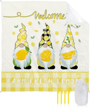 Beach Blanket Sandproof, Funny Gnome with Lemon Rustic Yellow Checked Waterproof Beach Mat Lightweight Quick Drying Picnic Blanket Beach Essentials for Travel Camping Hiking 95x80in