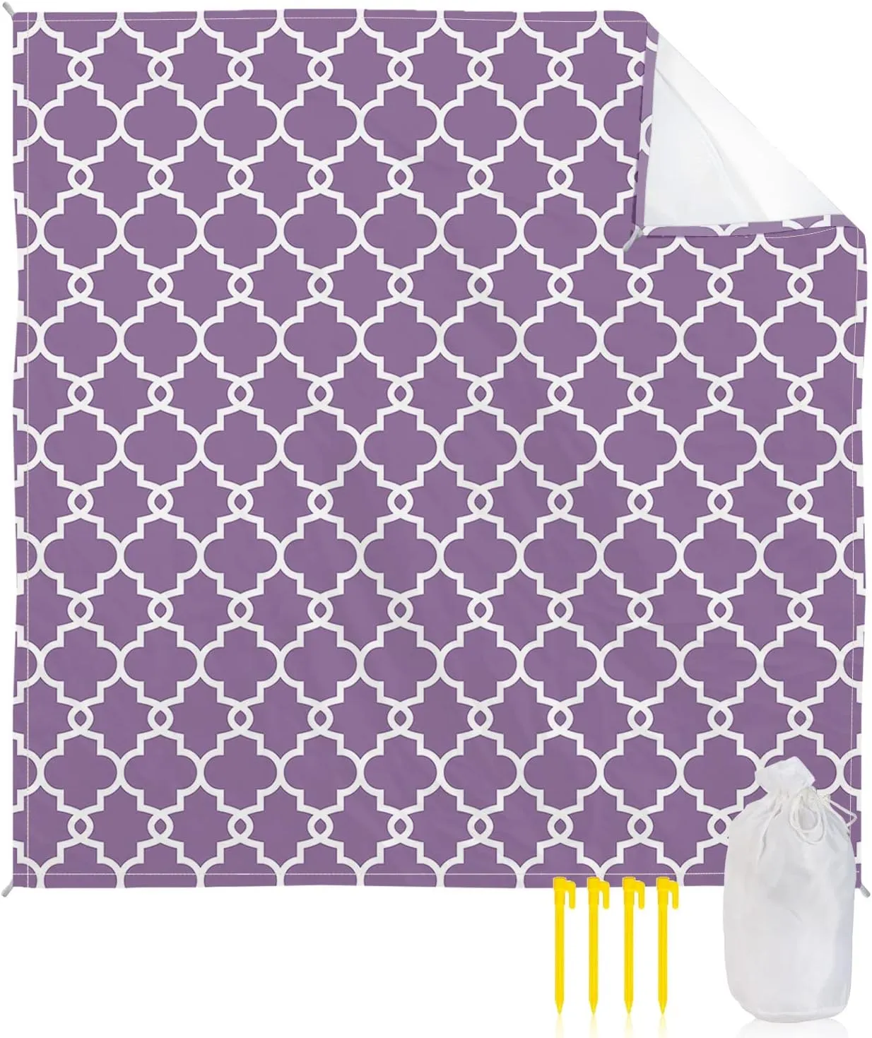 Beach Blanket Sandproof, Geometric Moroccan Pattern Purple Waterproof Beach Mat Lightweight Quick Drying Picnic Blanket Beach Essentials for Travel Camping Hiking 118x108in