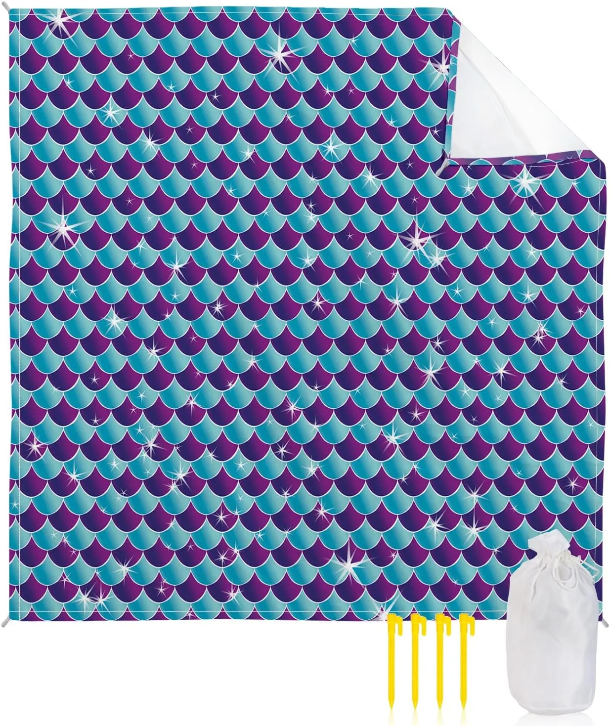 Beach Blanket Sandproof, Mermaid Scales Waterproof Beach Mat Lightweight Quick Drying Picnic Blanket Beach Essentials for Travel Camping Hiking 83x79in