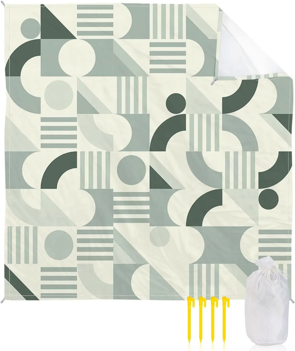 Beach Blanket Sandproof, Mid Century Matcha Color Lines Abstract Waterproof Beach Mat Lightweight Quick Drying Picnic Blanket Beach Essentials for Travel Camping Hiking 108x84in