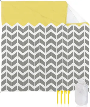 Beach Blanket Sandproof, Mid-Century Modern Geometric Yellow Gray Pattern Waterproof Beach Mat Lightweight Quick Drying Picnic Blanket Beach Essentials for Travel Camping Hiking 108x84in