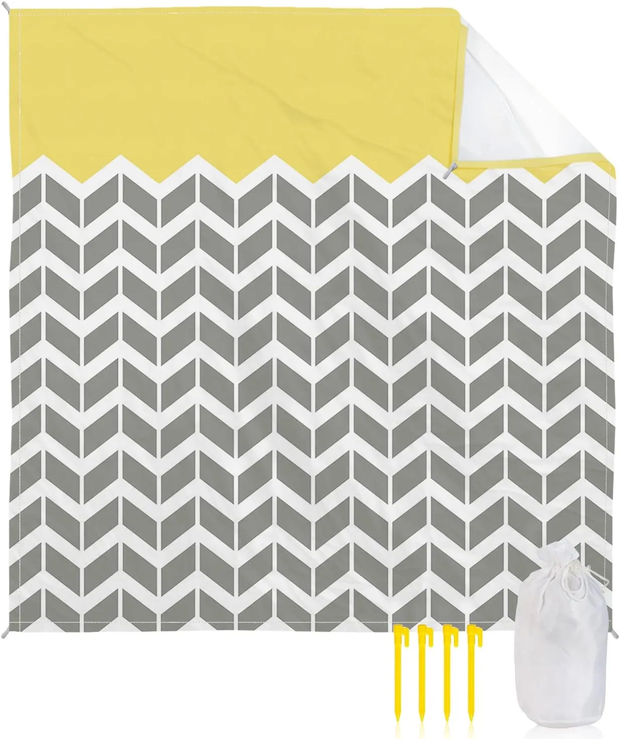 Beach Blanket Sandproof, Mid-Century Modern Geometric Yellow Gray Pattern Waterproof Beach Mat Lightweight Quick Drying Picnic Blanket Beach Essentials for Travel Camping Hiking 108x84in