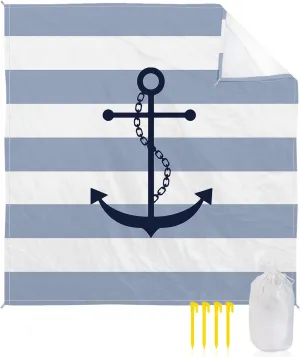 Beach Blanket Sandproof, Nautical Anchor Sky Blue and White Striped Waterproof Beach Mat Lightweight Quick Drying Picnic Blanket Beach Essentials for Travel Camping Hiking 108x84in