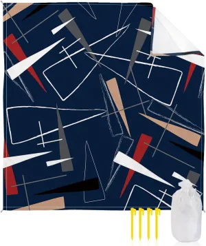 Beach Blanket Sandproof, Navy Blue Abstract Geometric Lines Waterproof Beach Mat Lightweight Quick Drying Picnic Blanket Beach Essentials for Travel Camping Hiking 83x79in