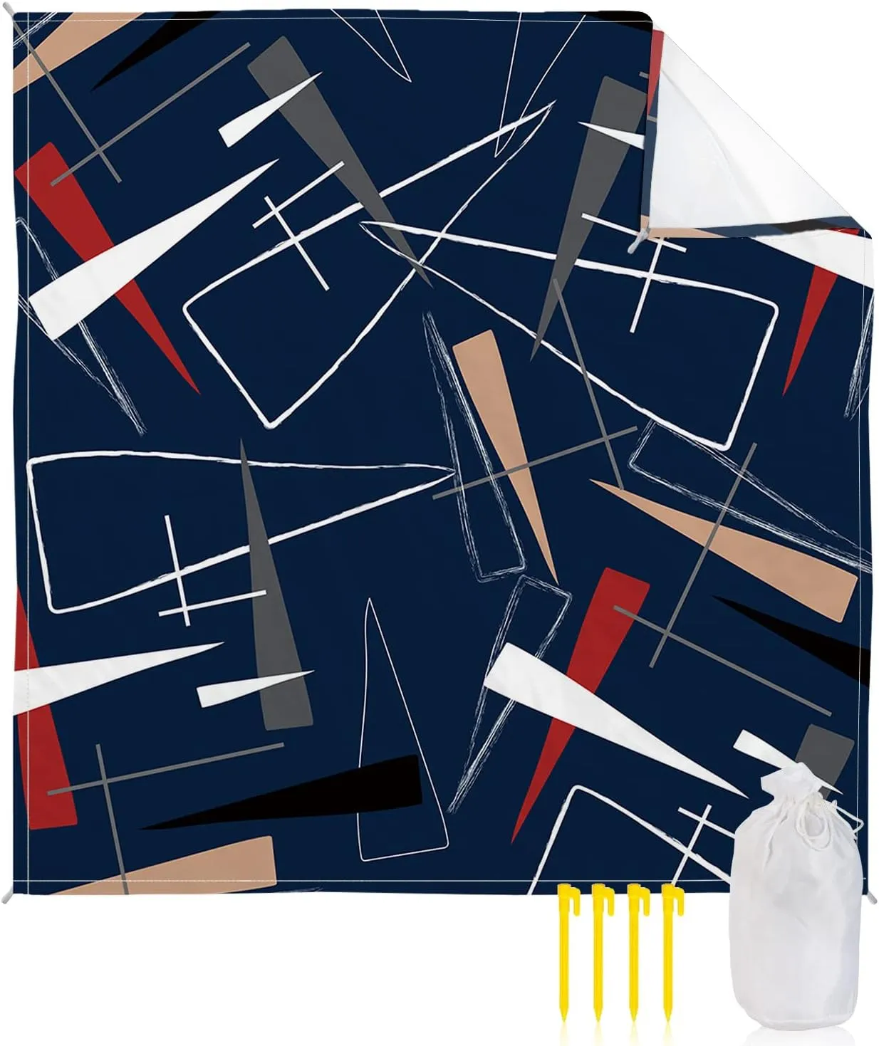 Beach Blanket Sandproof, Navy Blue Abstract Geometric Lines Waterproof Beach Mat Lightweight Quick Drying Picnic Blanket Beach Essentials for Travel Camping Hiking 83x79in