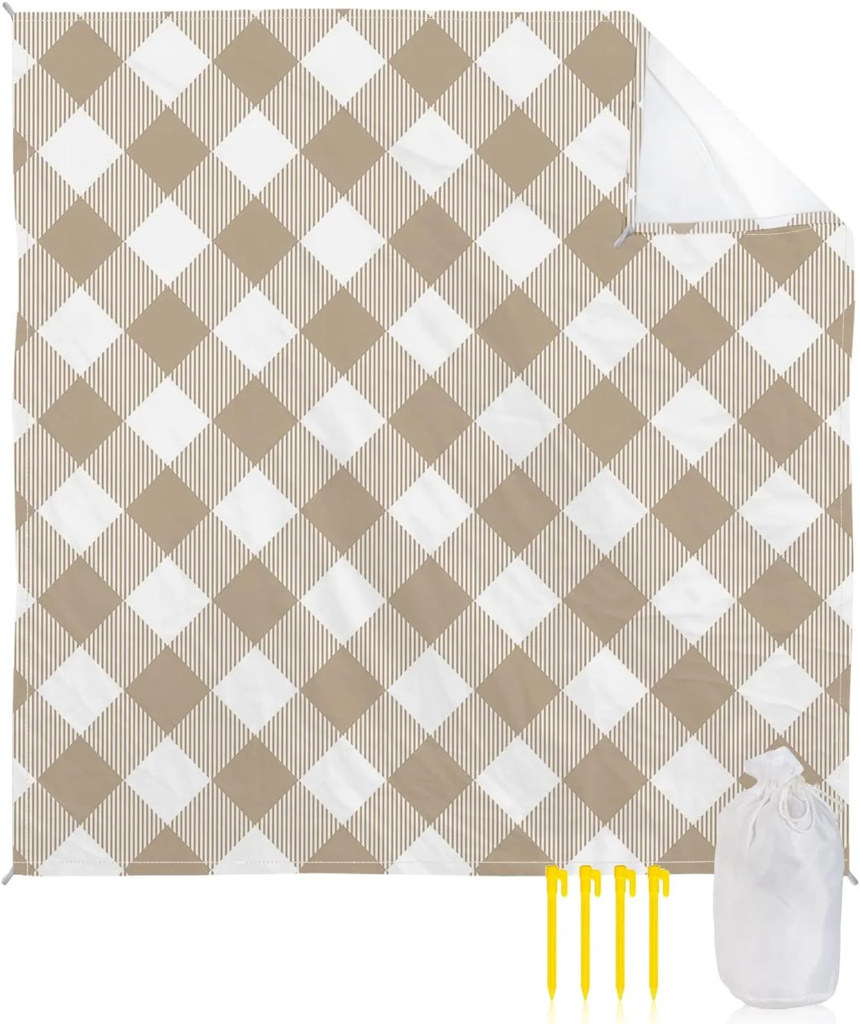Beach Blanket Sandproof, Pastoral Style Khaki Lattice Waterproof Beach Mat Lightweight Quick Drying Picnic Blanket Beach Essentials for Travel Camping Hiking 83x79in