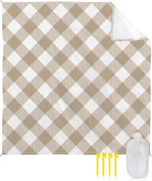 Beach Blanket Sandproof, Pastoral Style Khaki Lattice Waterproof Beach Mat Lightweight Quick Drying Picnic Blanket Beach Essentials for Travel Camping Hiking 83x79in