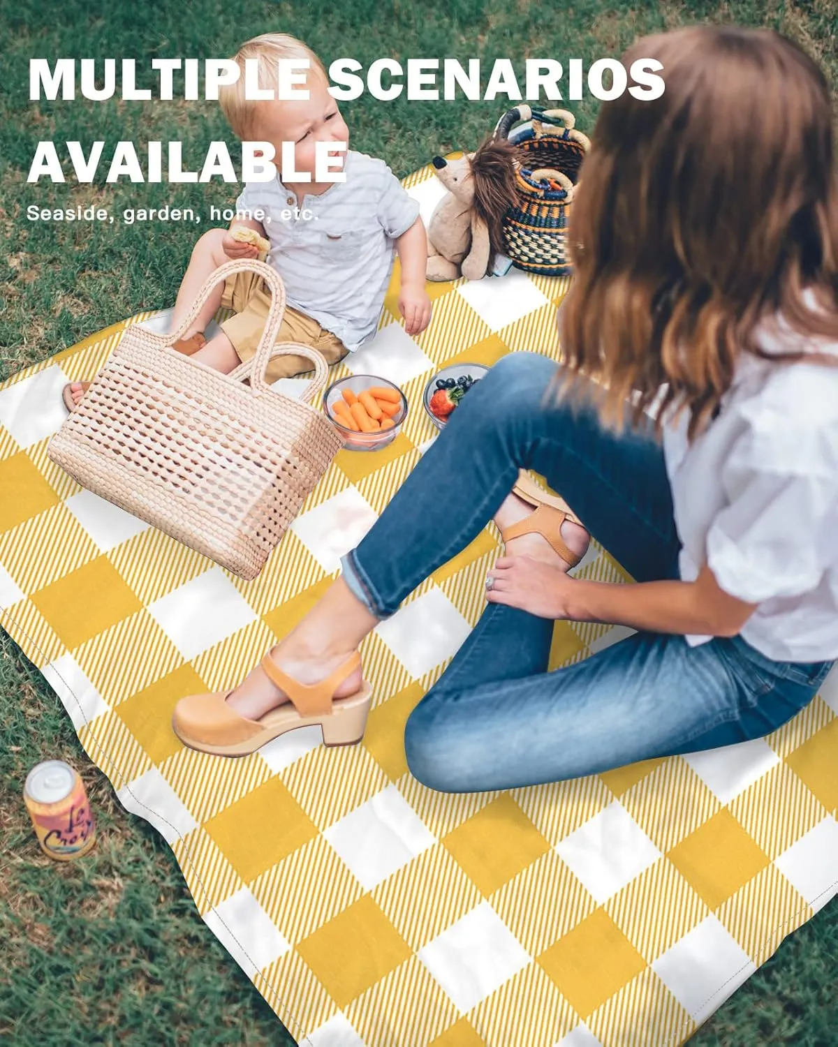 Beach Blanket Sandproof, Pastoral Style Yellow Lattice Waterproof Beach Mat Lightweight Quick Drying Picnic Blanket Beach Essentials for Travel Camping Hiking 83x79in