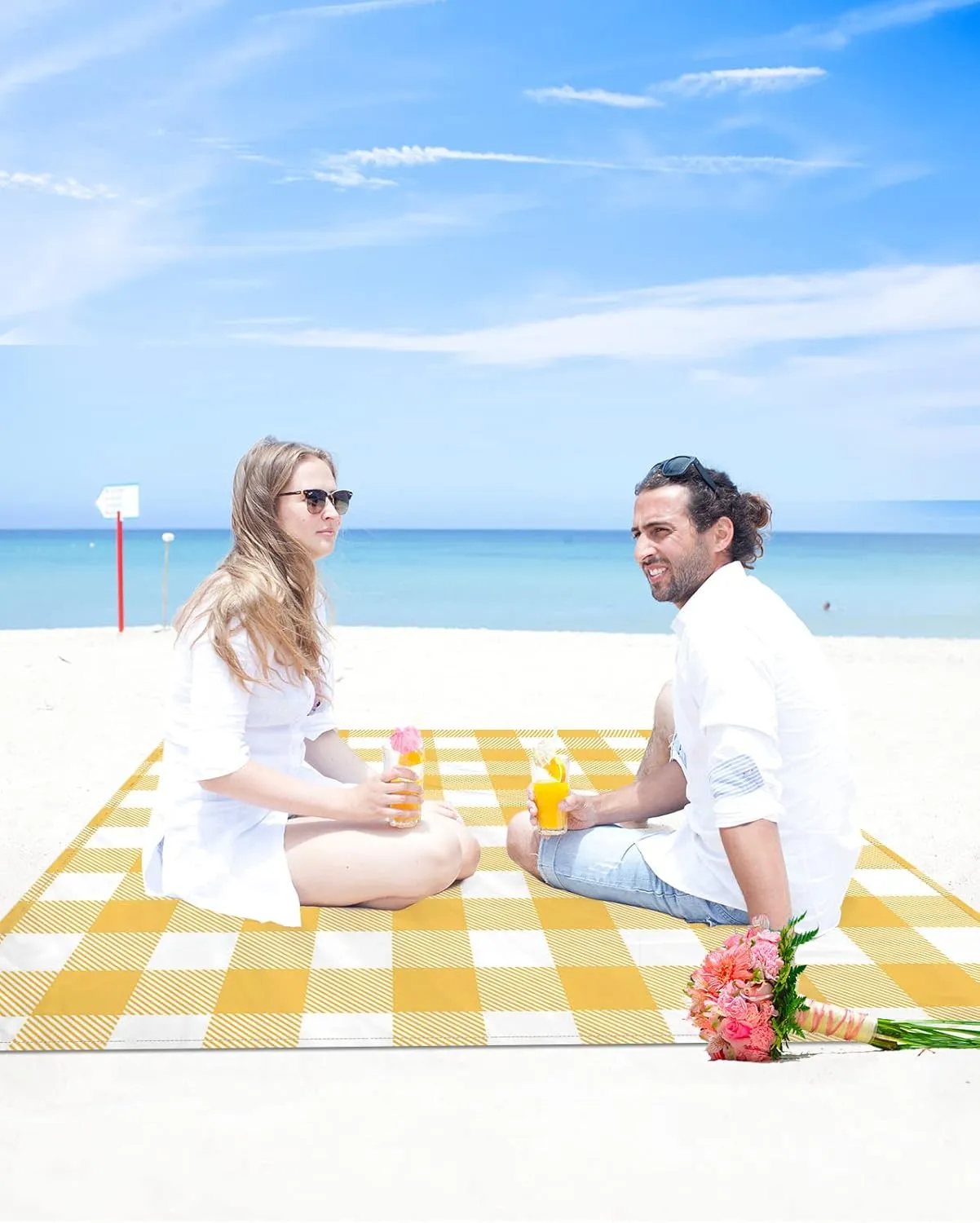 Beach Blanket Sandproof, Pastoral Style Yellow Lattice Waterproof Beach Mat Lightweight Quick Drying Picnic Blanket Beach Essentials for Travel Camping Hiking 83x79in