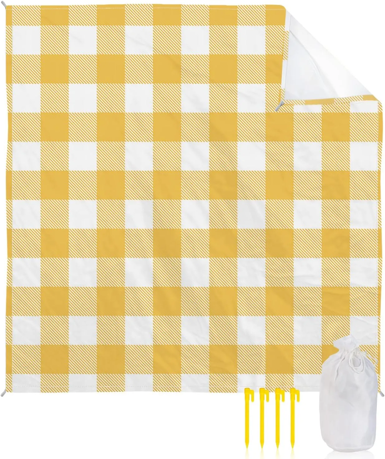 Beach Blanket Sandproof, Pastoral Style Yellow Lattice Waterproof Beach Mat Lightweight Quick Drying Picnic Blanket Beach Essentials for Travel Camping Hiking 83x79in