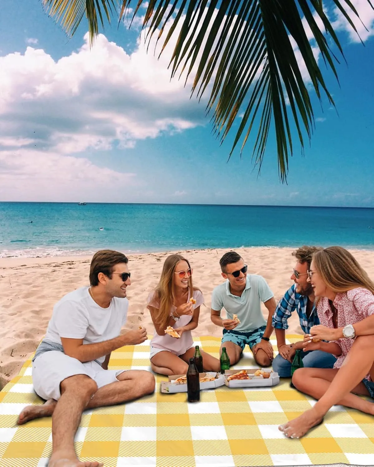 Beach Blanket Sandproof, Pastoral Style Yellow Lattice Waterproof Beach Mat Lightweight Quick Drying Picnic Blanket Beach Essentials for Travel Camping Hiking 83x79in