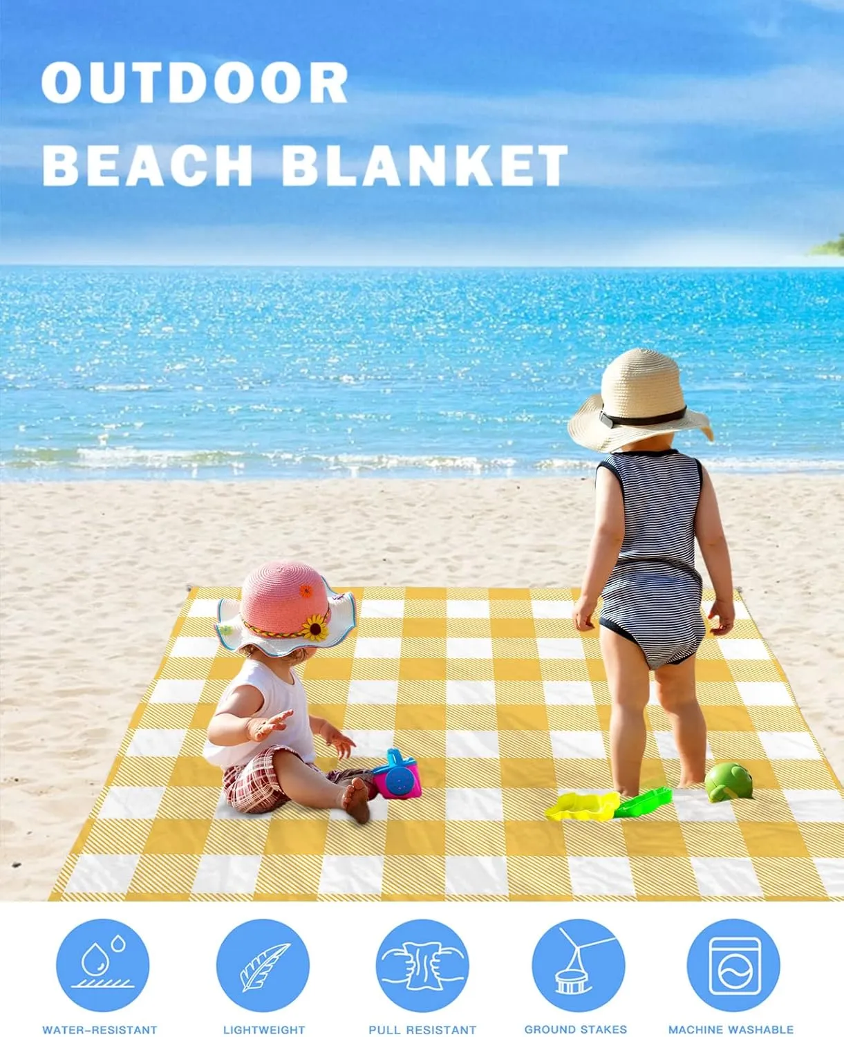 Beach Blanket Sandproof, Pastoral Style Yellow Lattice Waterproof Beach Mat Lightweight Quick Drying Picnic Blanket Beach Essentials for Travel Camping Hiking 83x79in